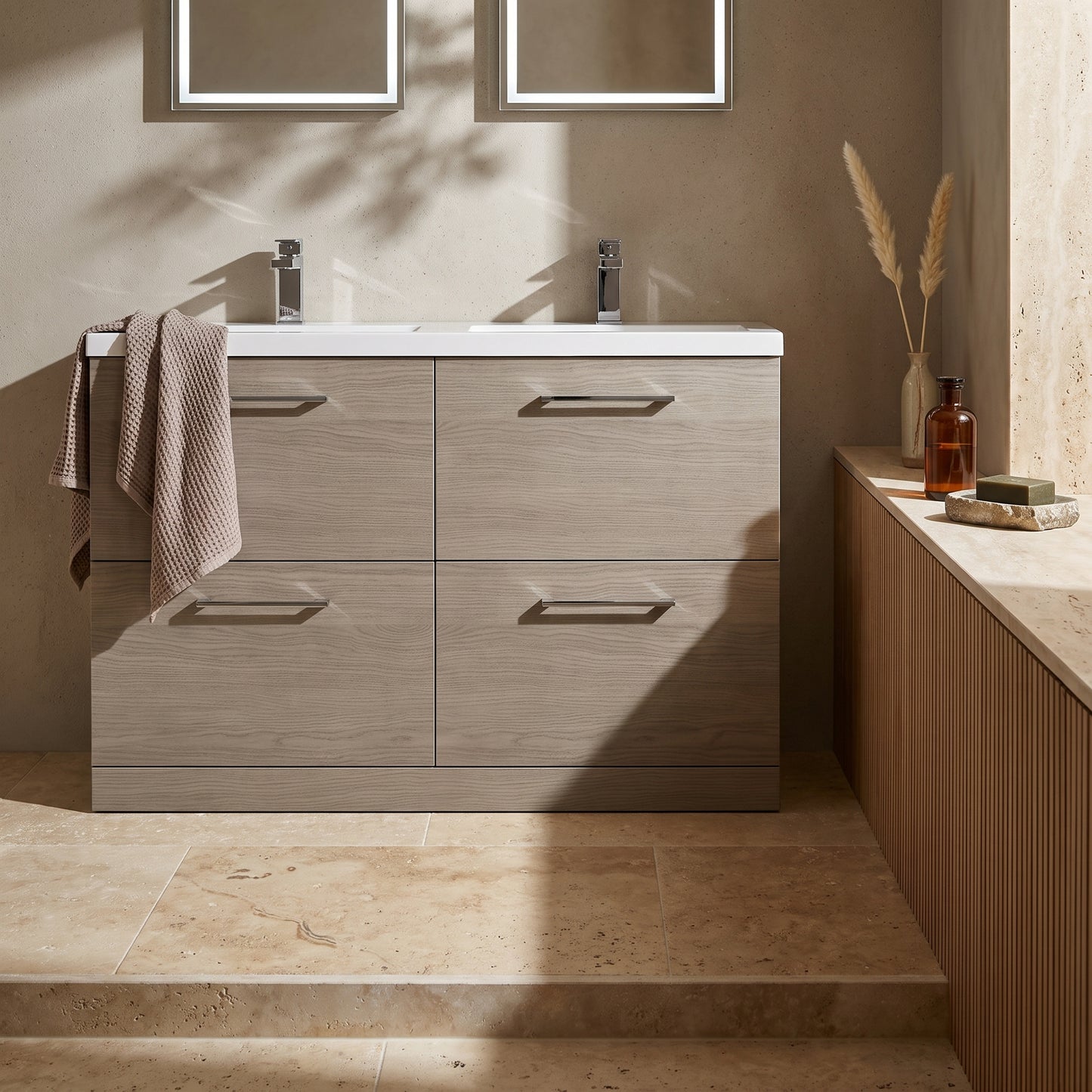 Fairford Aspri Solace Oak 1200mm Floorstanding Double Vanity Unit with 4 Drawers and Basin
