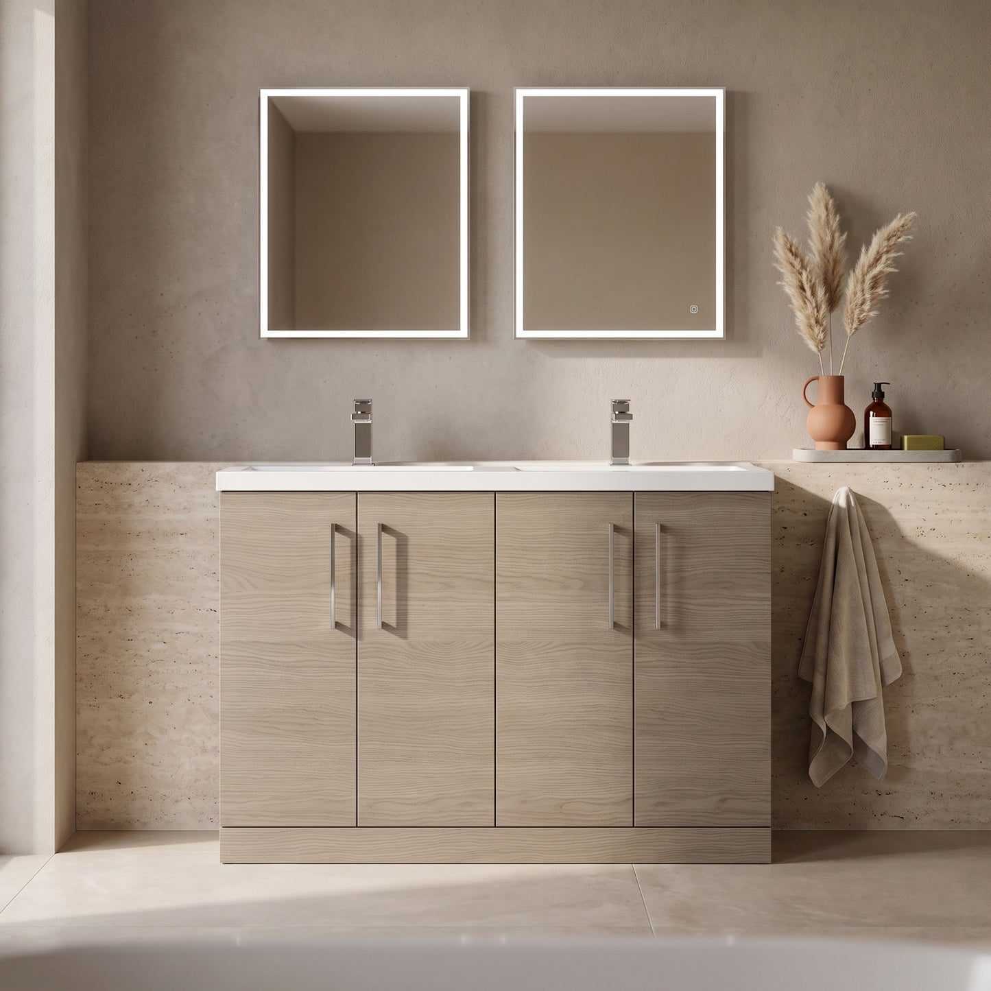 Fairford Aspri Solace Oak 1200mm Floorstanding Double Vanity Unit with Doors and Basin