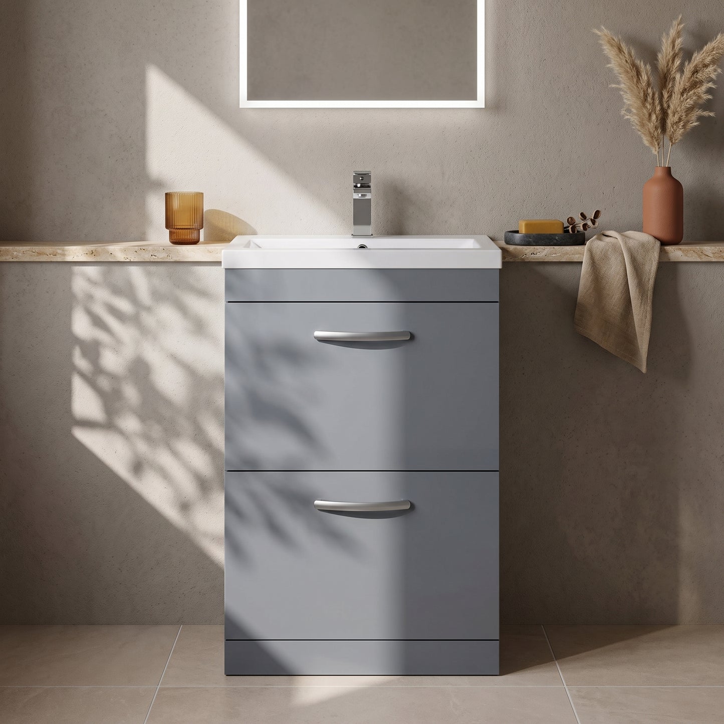 Fairford Carnation 600mm Gloss Grey Floor Standing 2 Drawer Vanity Unit, with Basin