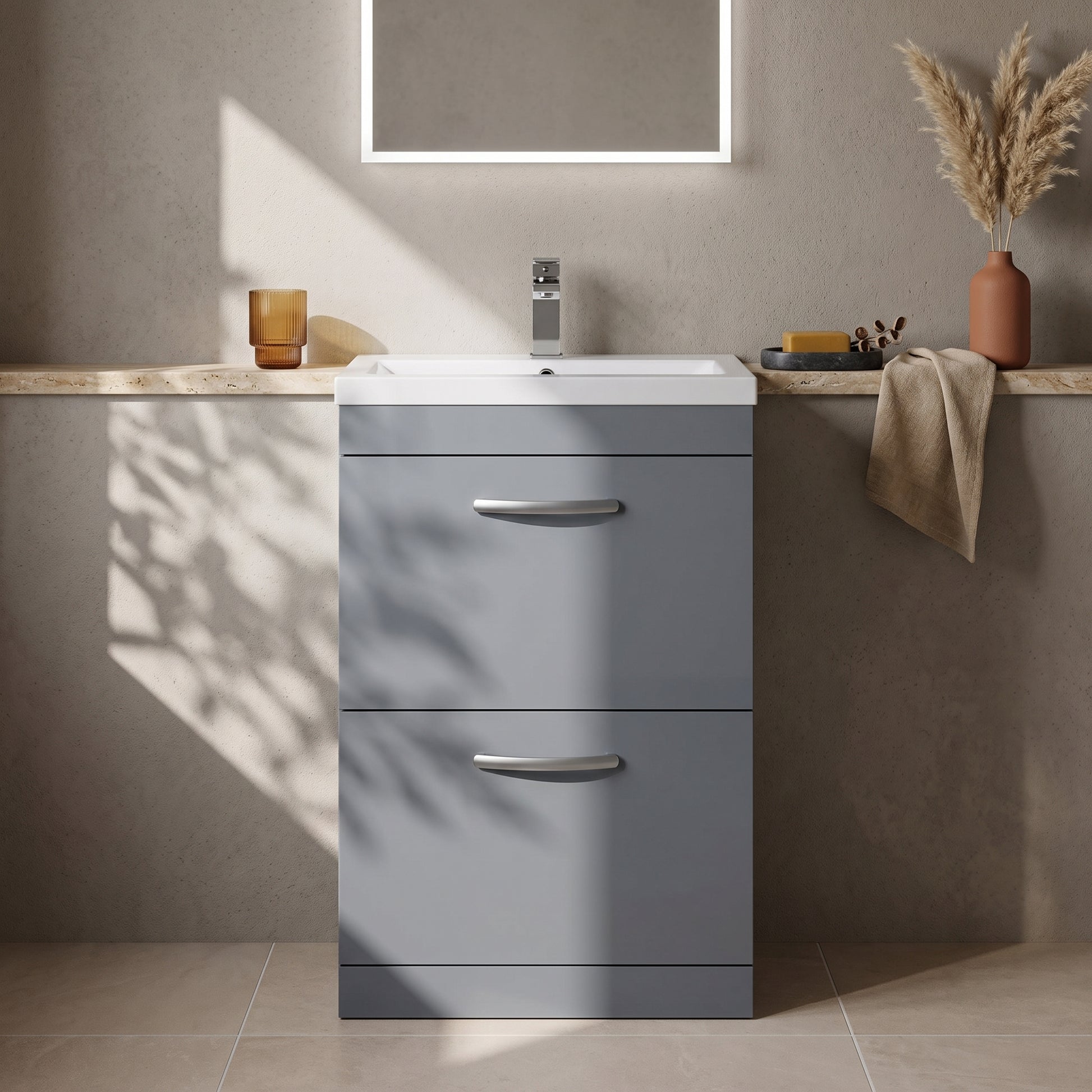 Fairford Carnation 600mm Gloss Grey Floor Standing 2 Drawer Vanity Unit, with Basin