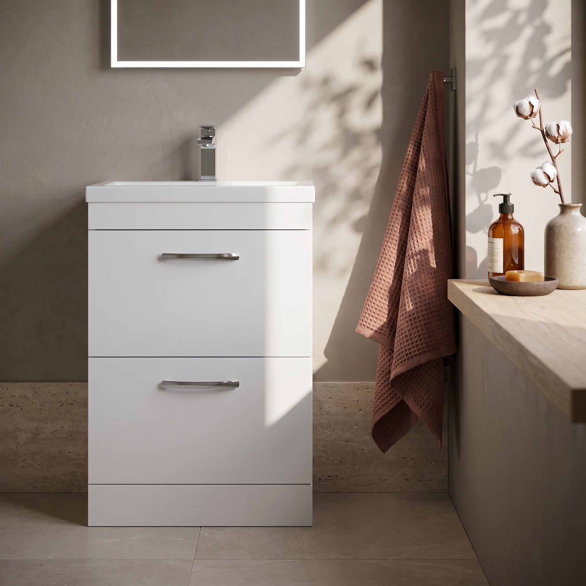 Fairford Carnation 600mm Gloss White Floor Standing 2 Drawer Vanity Unit, with Basin