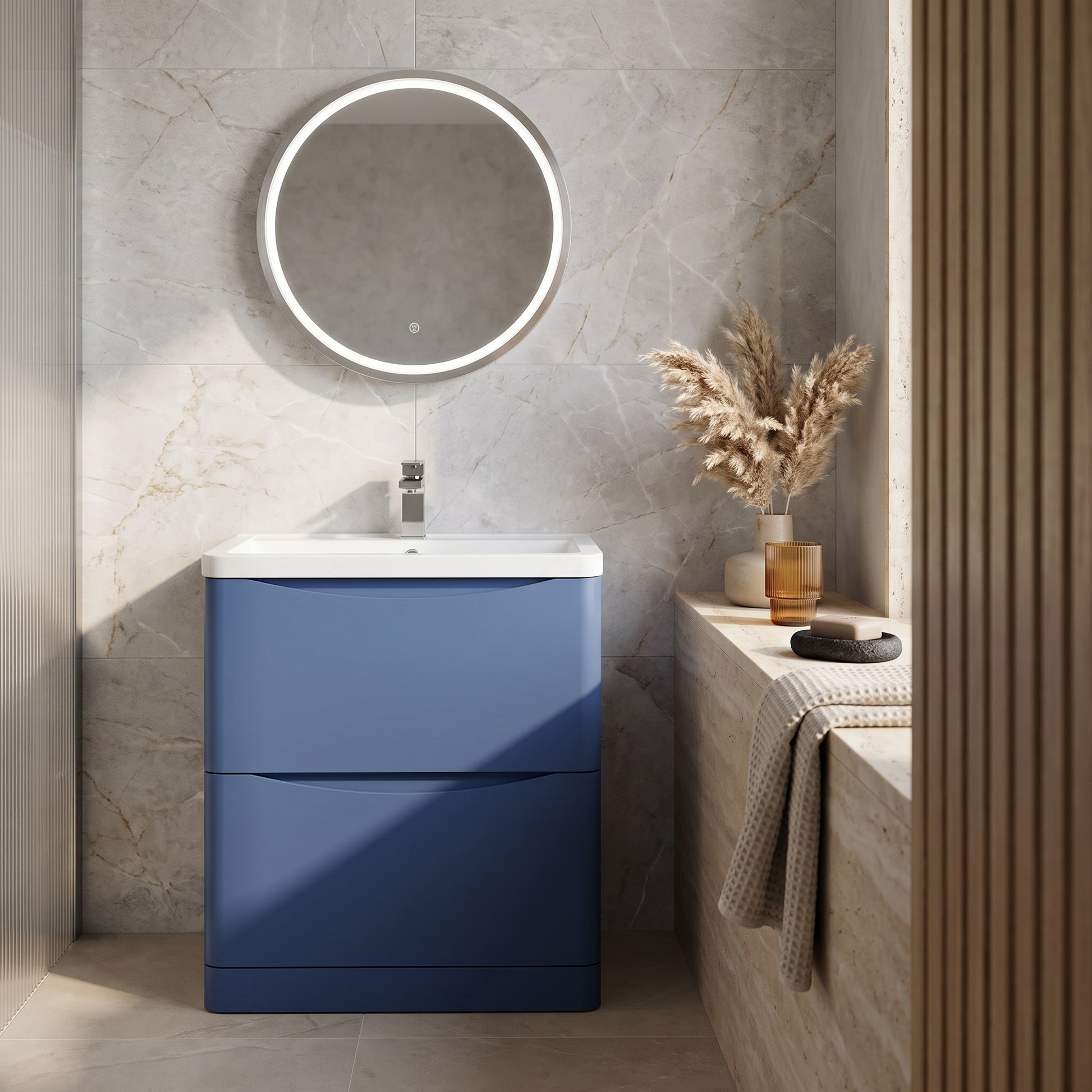 Fairford Eclipse 800mm 2 Drawer Satin Blue Floor Standing Vanity Unit