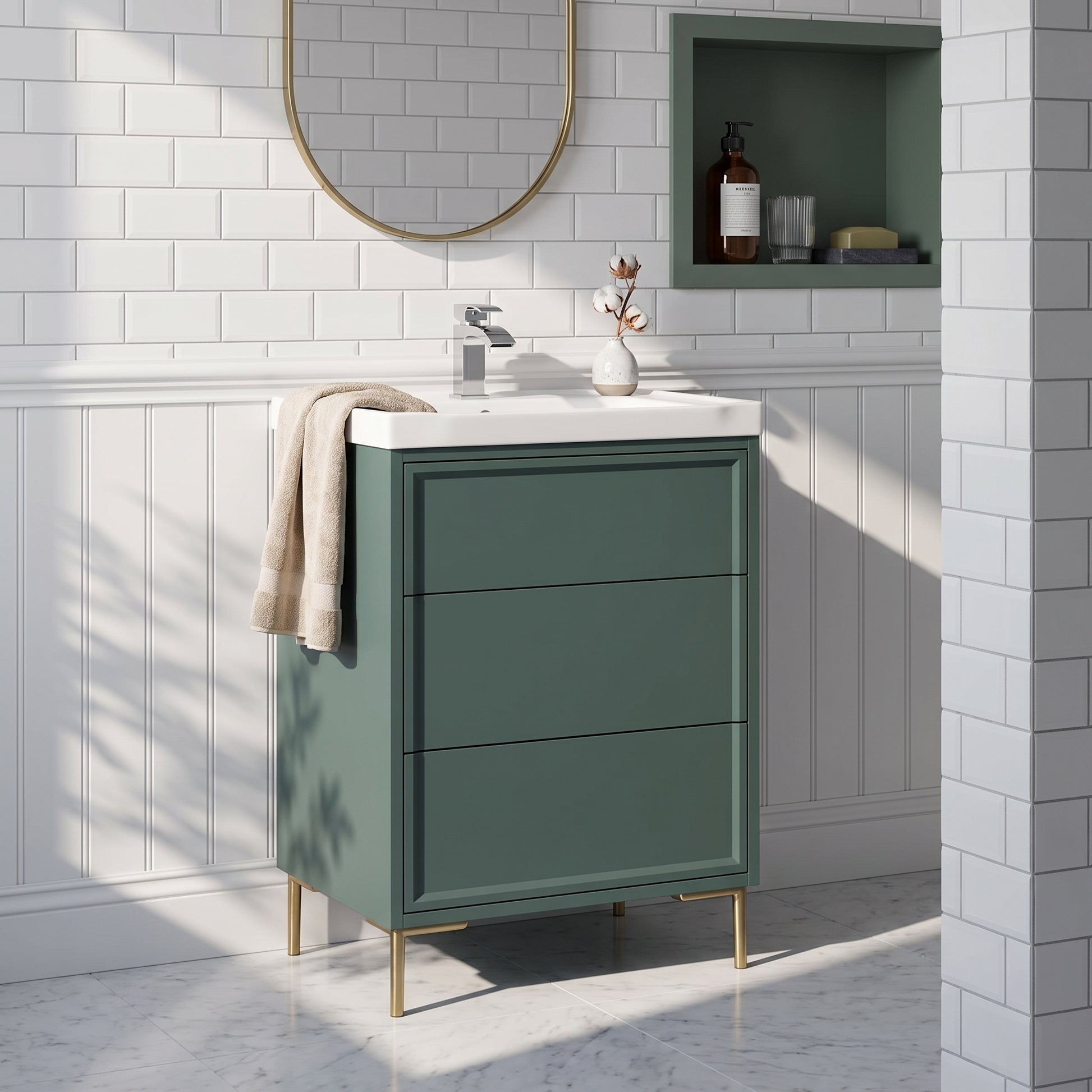Fairford Elan Marin Green 600mm Floorstanding Vanity Unit with Brushed Brass Legs