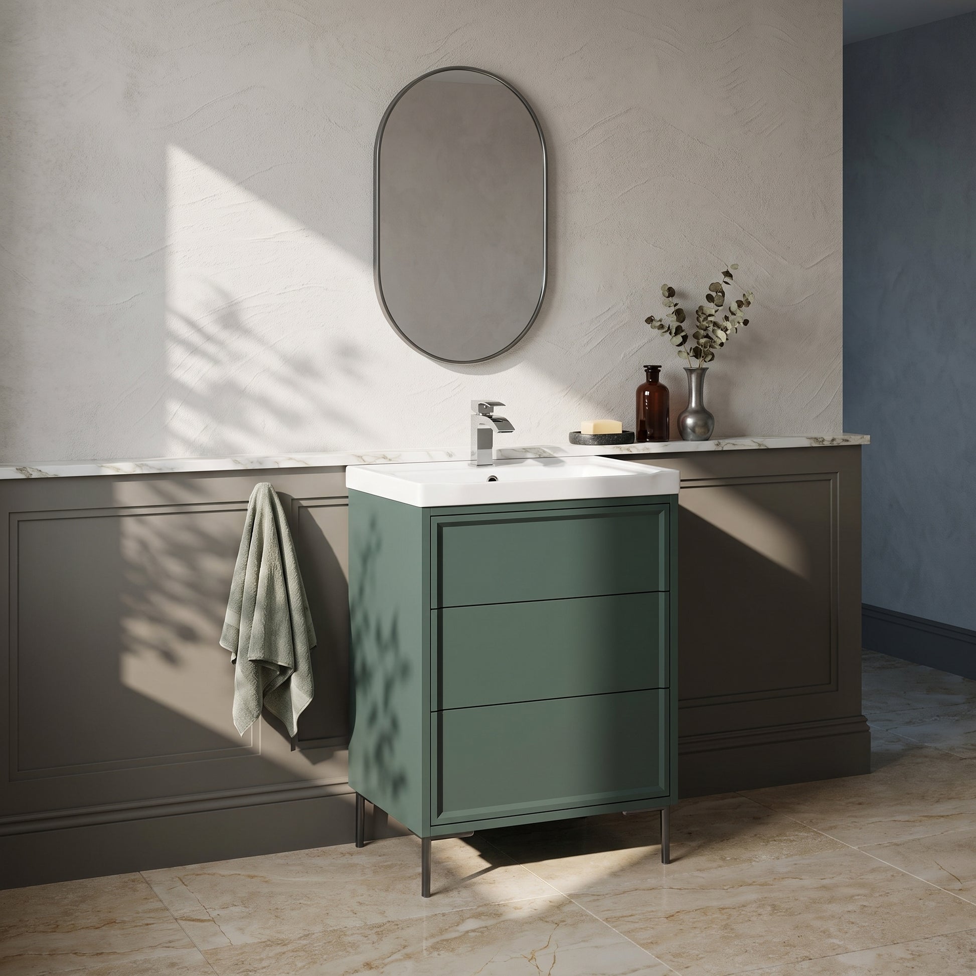 Fairford Elan Marin Green 600mm Floorstanding Vanity Unit with Gunmetal Legs
