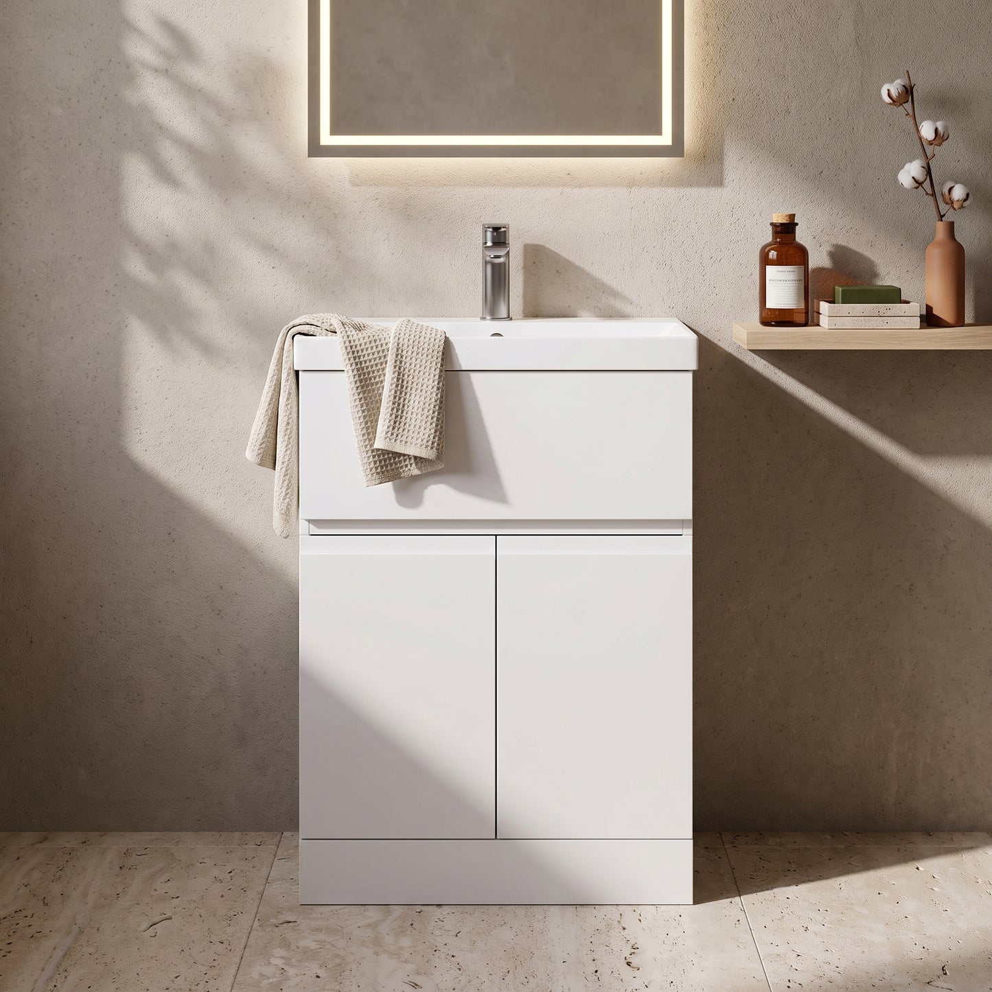 Fairford Finesse 600mm Satin White Floor Standing Vanity Unit, with Top Drawer