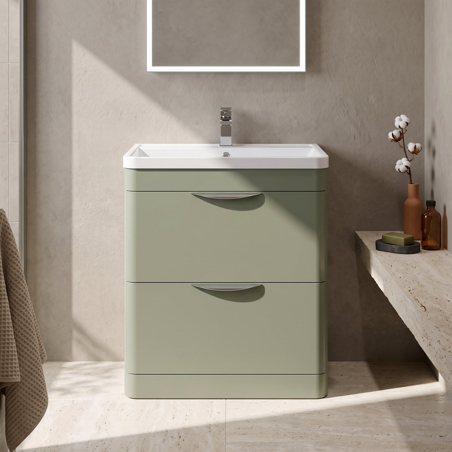 Fairford Flow 800mm 2 Drawer Satin Green Floor Standing Vanity Unit