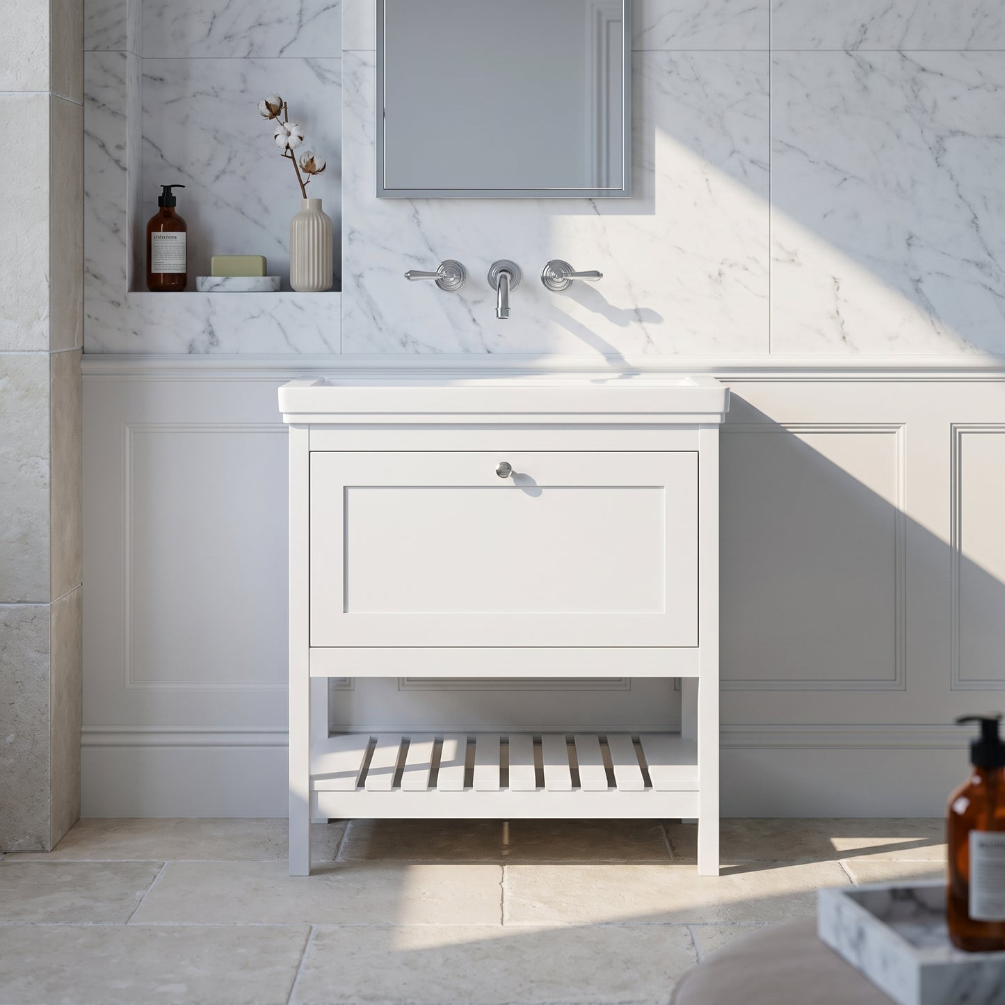 Fairford Juliette Satin White 800mm 1 Drawer Floorstanding Vanity Unit with 0 Tap Hole Basin