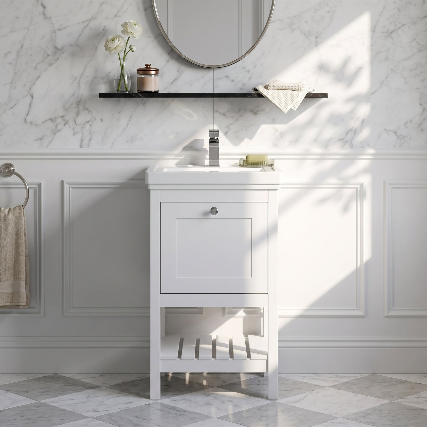 Fairford Juliette Satin White 500mm 1 Drawer Floorstanding Vanity Unit with 1 Tap Hole Basin