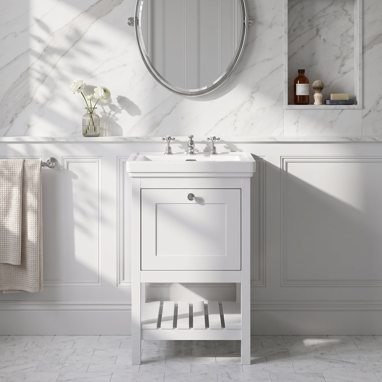 Fairford Juliette Satin White 500mm 1 Drawer Floorstanding Vanity Unit with 3 Tap Hole Basin