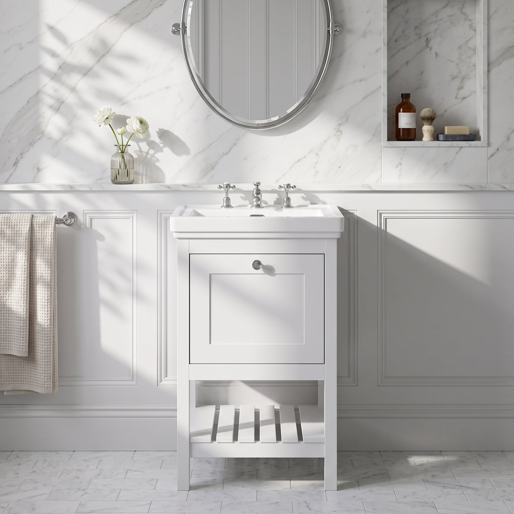 Fairford Juliette Satin White 500mm 1 Drawer Floorstanding Vanity Unit with 3 Tap Hole Basin