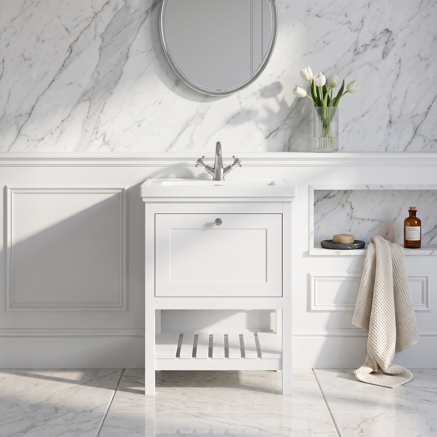 Fairford Juliette Satin White 600mm 1 Drawer Floorstanding Vanity Unit with 1 Tap Hole Basin