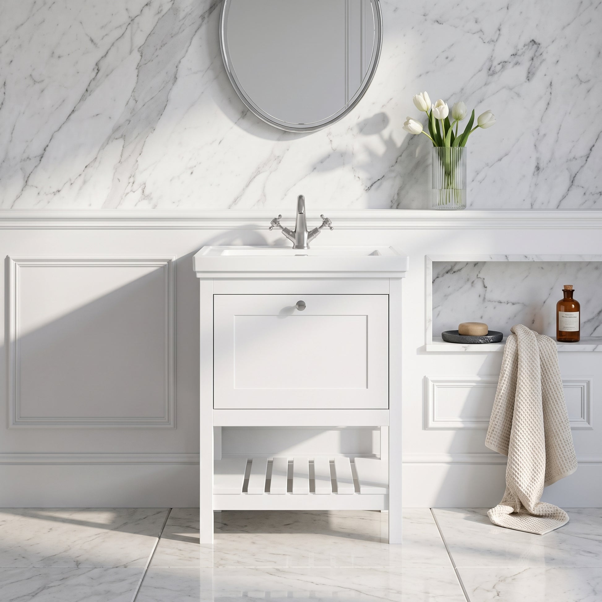 Fairford Juliette Satin White 600mm 1 Drawer Floorstanding Vanity Unit with 1 Tap Hole Basin
