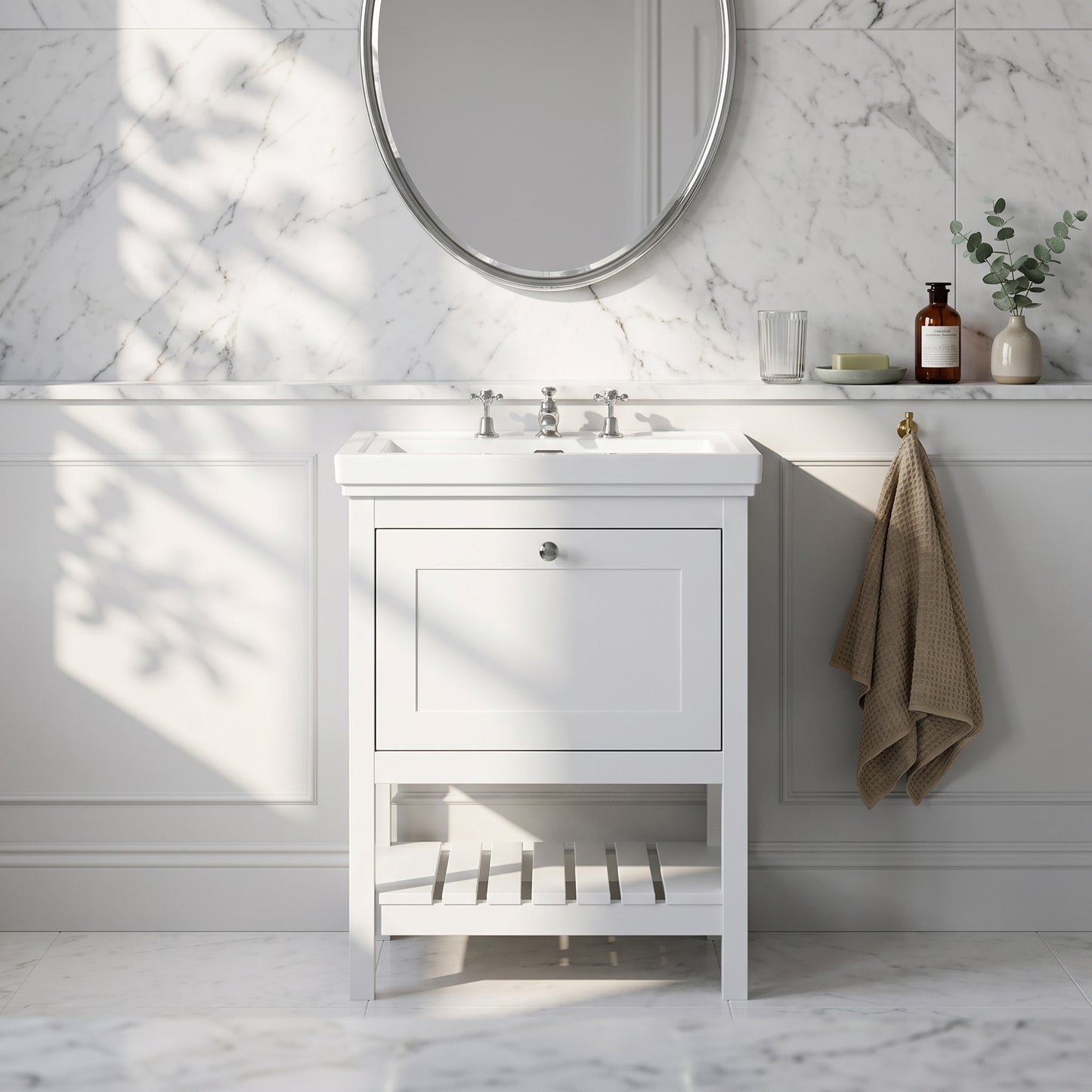 Fairford Juliette Satin White 600mm 1 Drawer Floorstanding Vanity Unit with 3 Tap Hole Basin