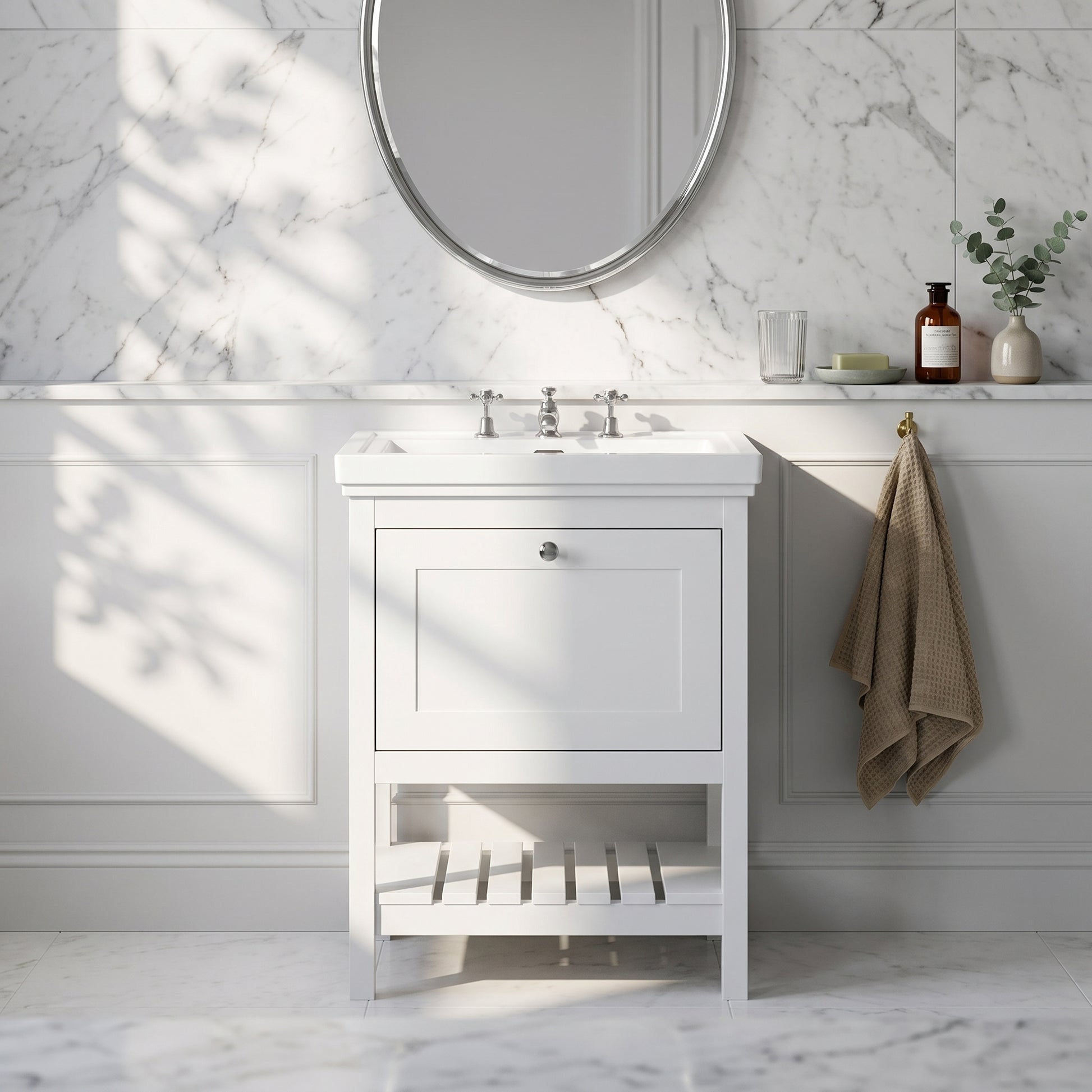 Fairford Juliette Satin White 600mm 1 Drawer Floorstanding Vanity Unit with 3 Tap Hole Basin
