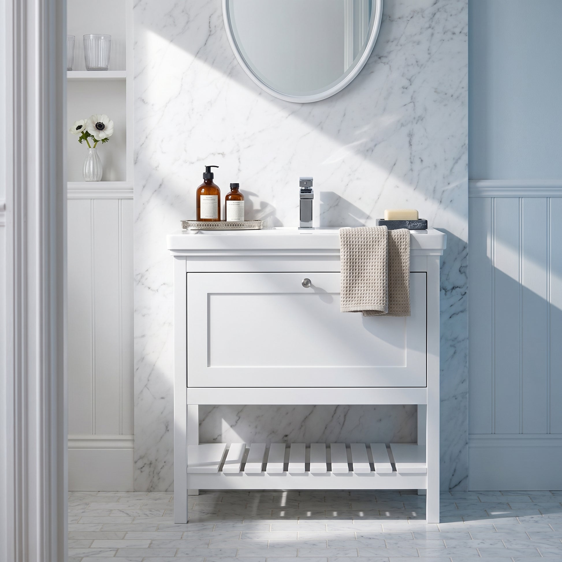 Fairford Juliette Satin White 800mm 1 Drawer Floorstanding Vanity Unit with 1 Tap Hole Basin