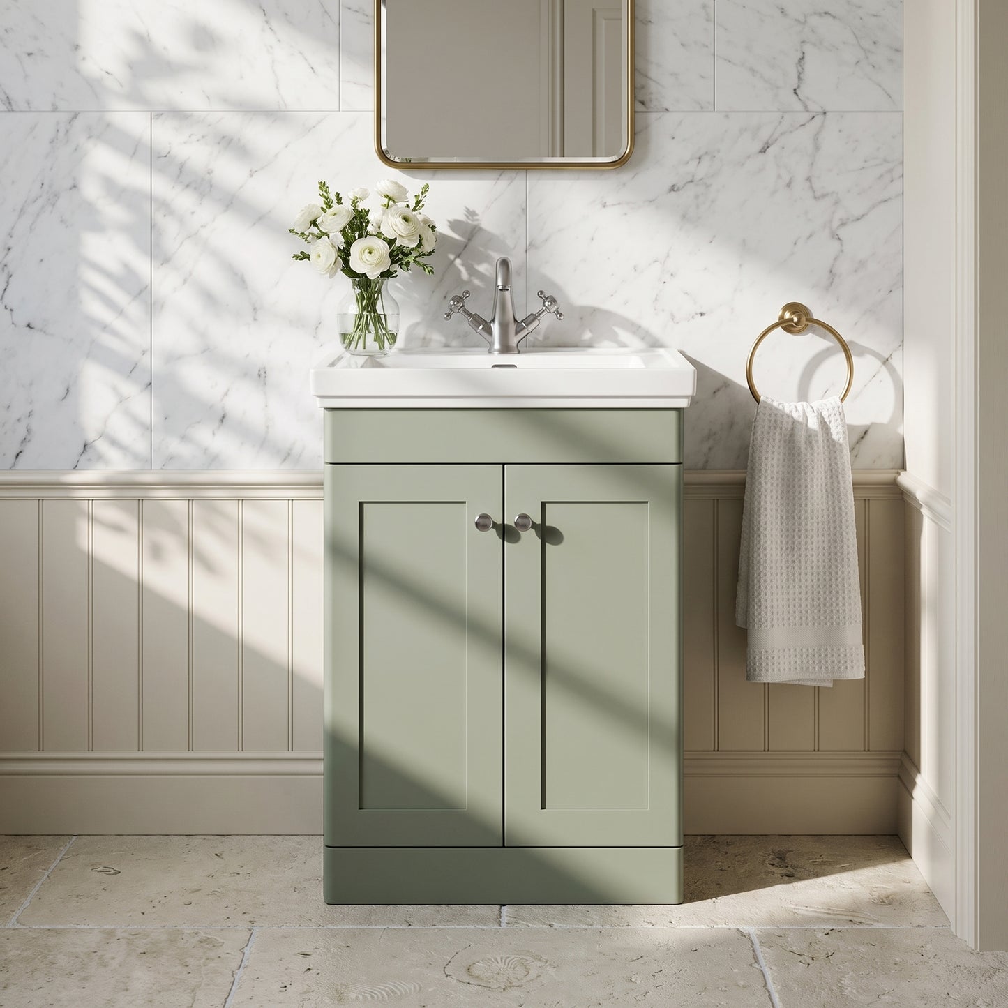 Fairford Laurel 600mm Floor Standing Satin Green Vanity Unit - 1 Tap Hole