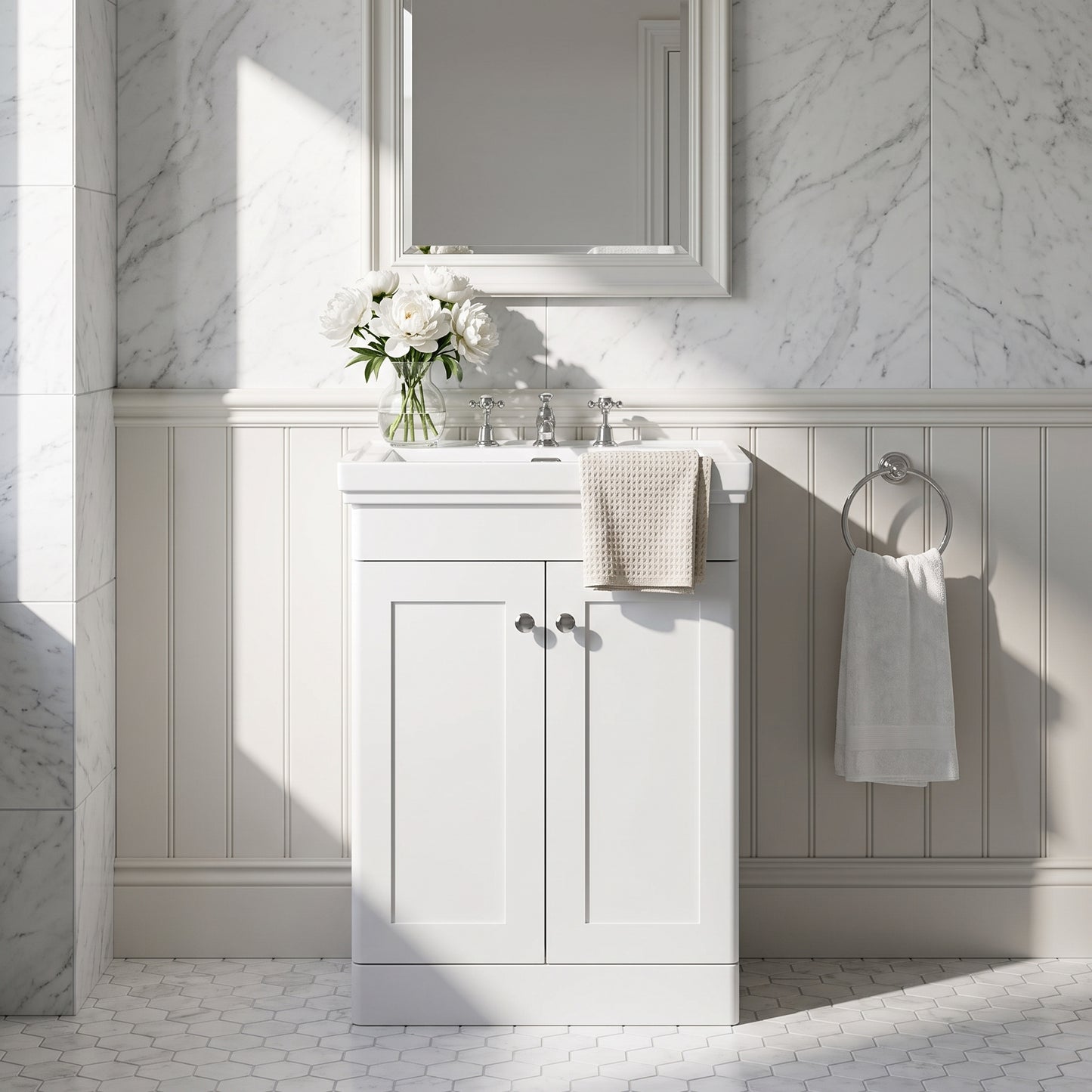 Fairford Laurel 600mm Floor Standing Satin White Vanity Unit - 3 Tap Hole