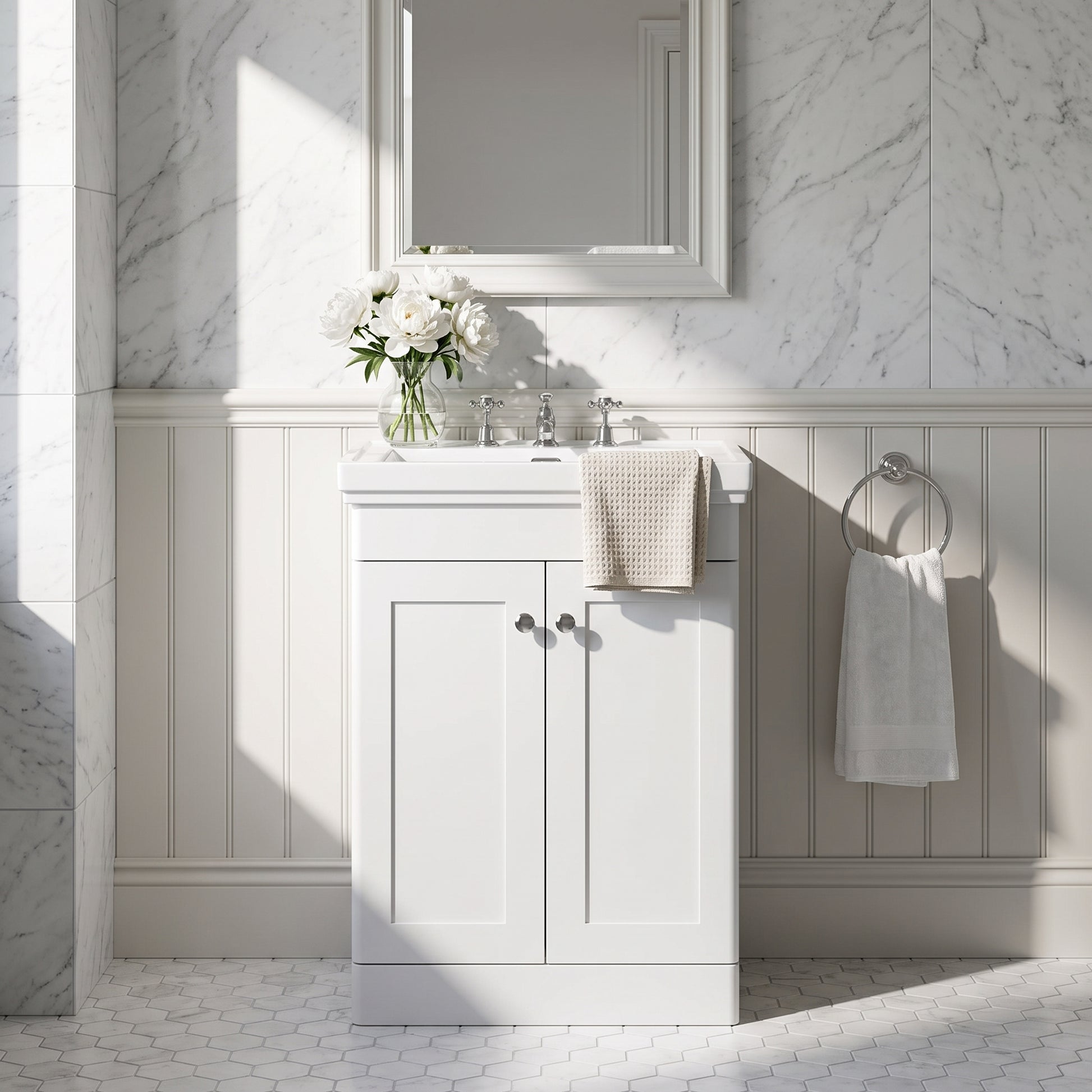 Fairford Laurel 600mm Floor Standing Satin White Vanity Unit - 3 Tap Hole