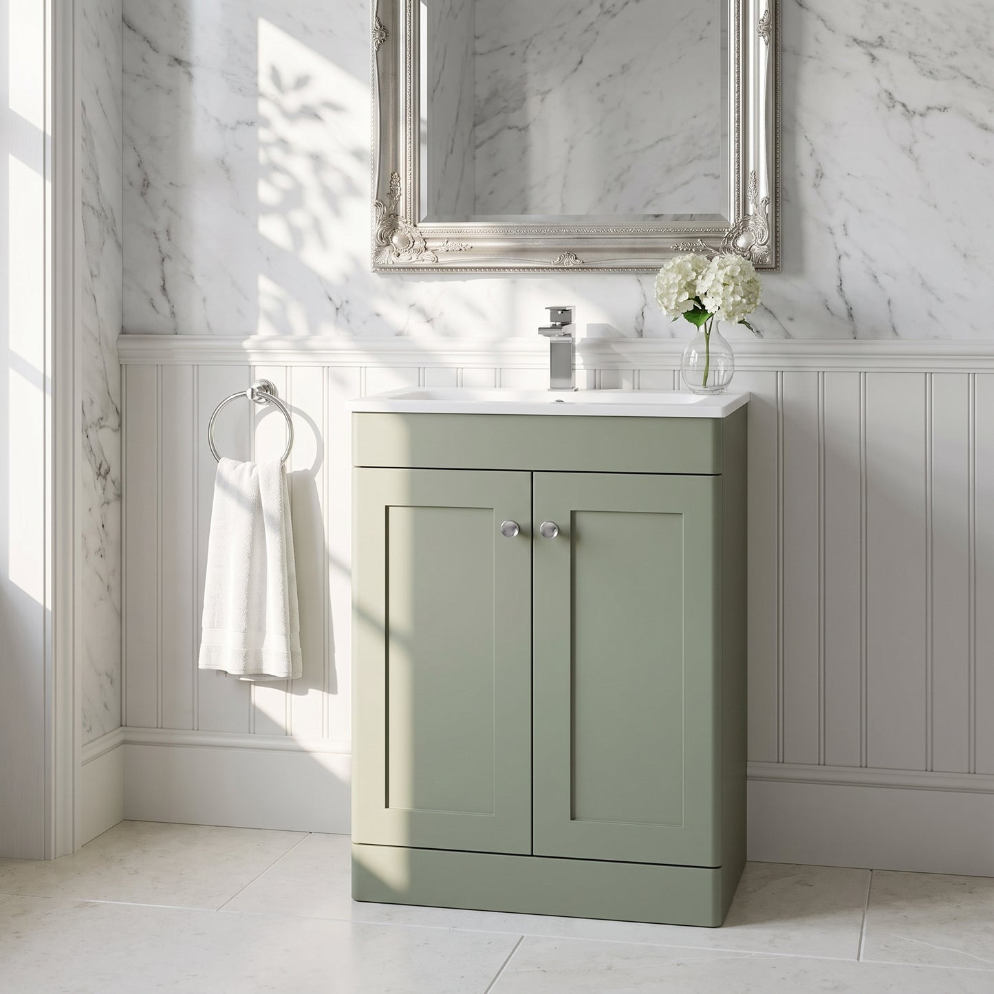 Fairford Laurel Satin Green 600mm 2 Door Floorstanding Vanity Unit with Stone Basin