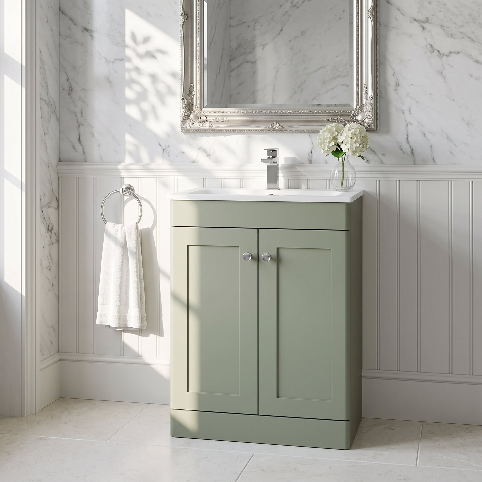 Fairford Laurel Satin Green 600mm 2 Door Floorstanding Vanity Unit with Stone Basin