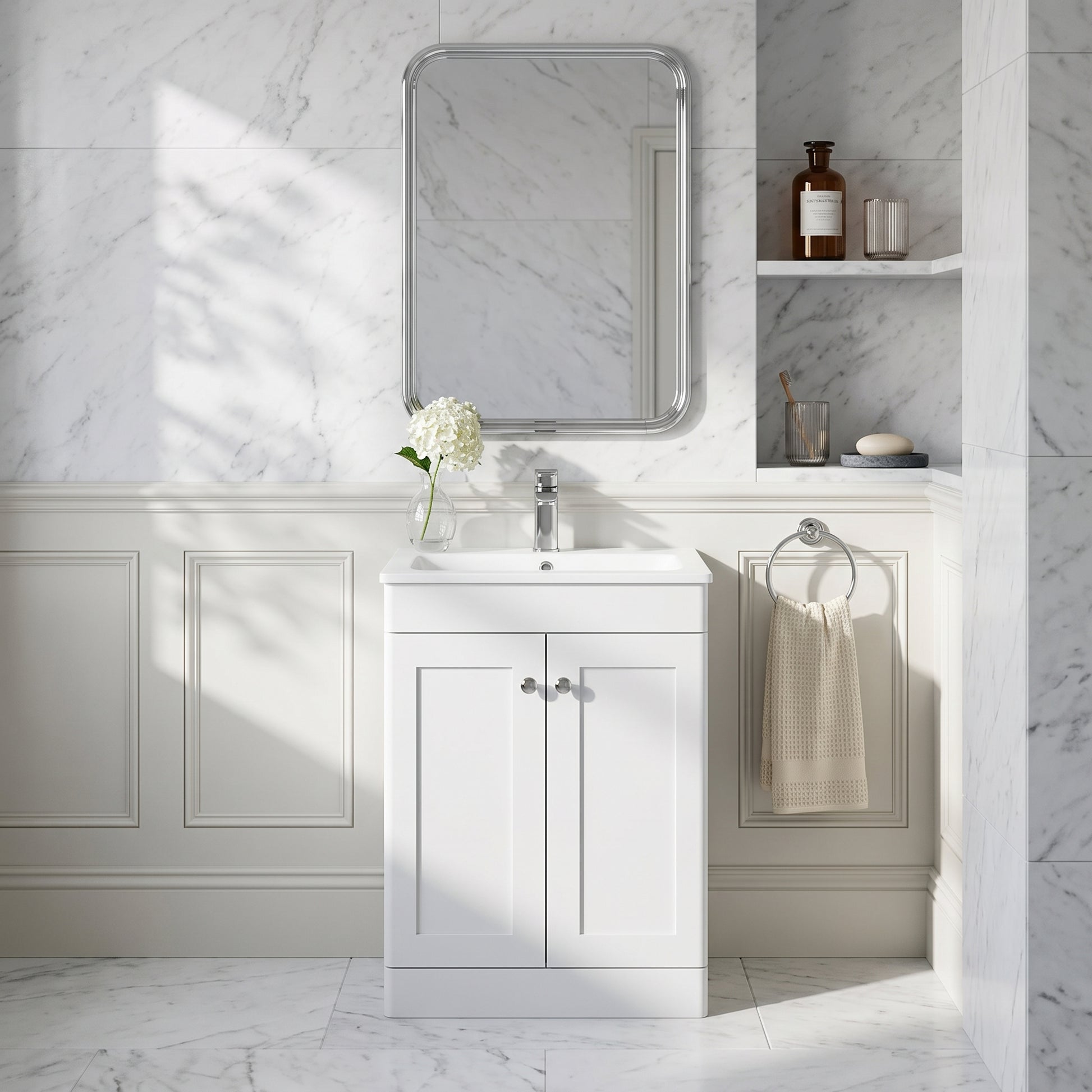 Fairford Laurel Satin White 600mm 2 Door Floorstanding Vanity Unit with Stone Basin