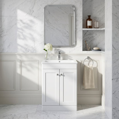 Fairford Laurel Satin White 600mm 2 Door Floorstanding Vanity Unit with Stone Basin