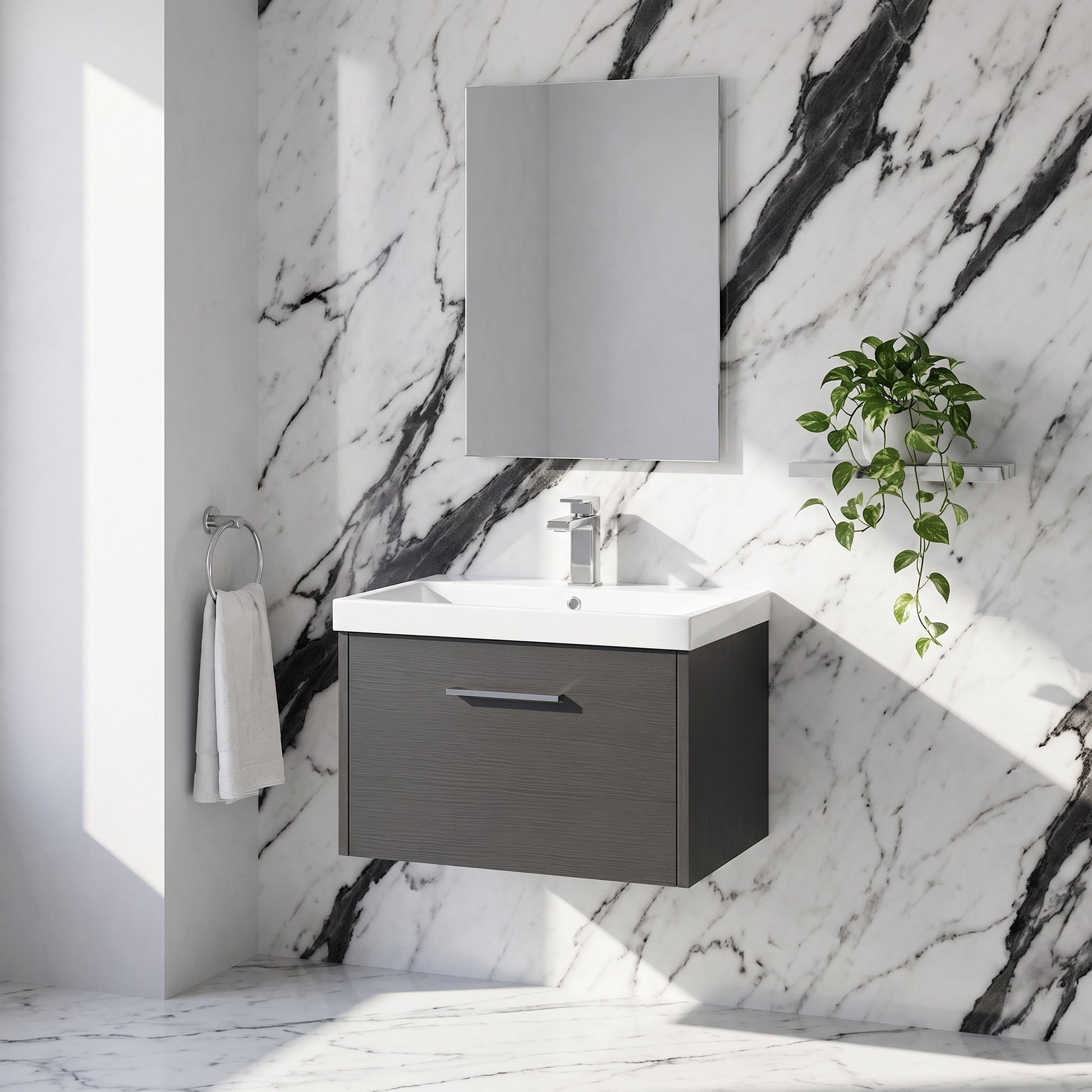 Fairford Anika 600mm Graphite Woodgrain 1 Drawer Wall Hung Vanity Unit