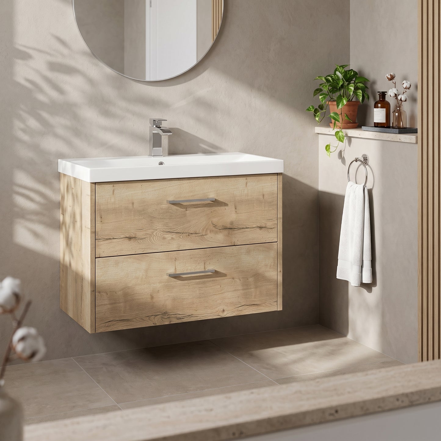 Fairford Anika 800mm Oak Woodgrain 2 Drawer Wall Hung Vanity Unit