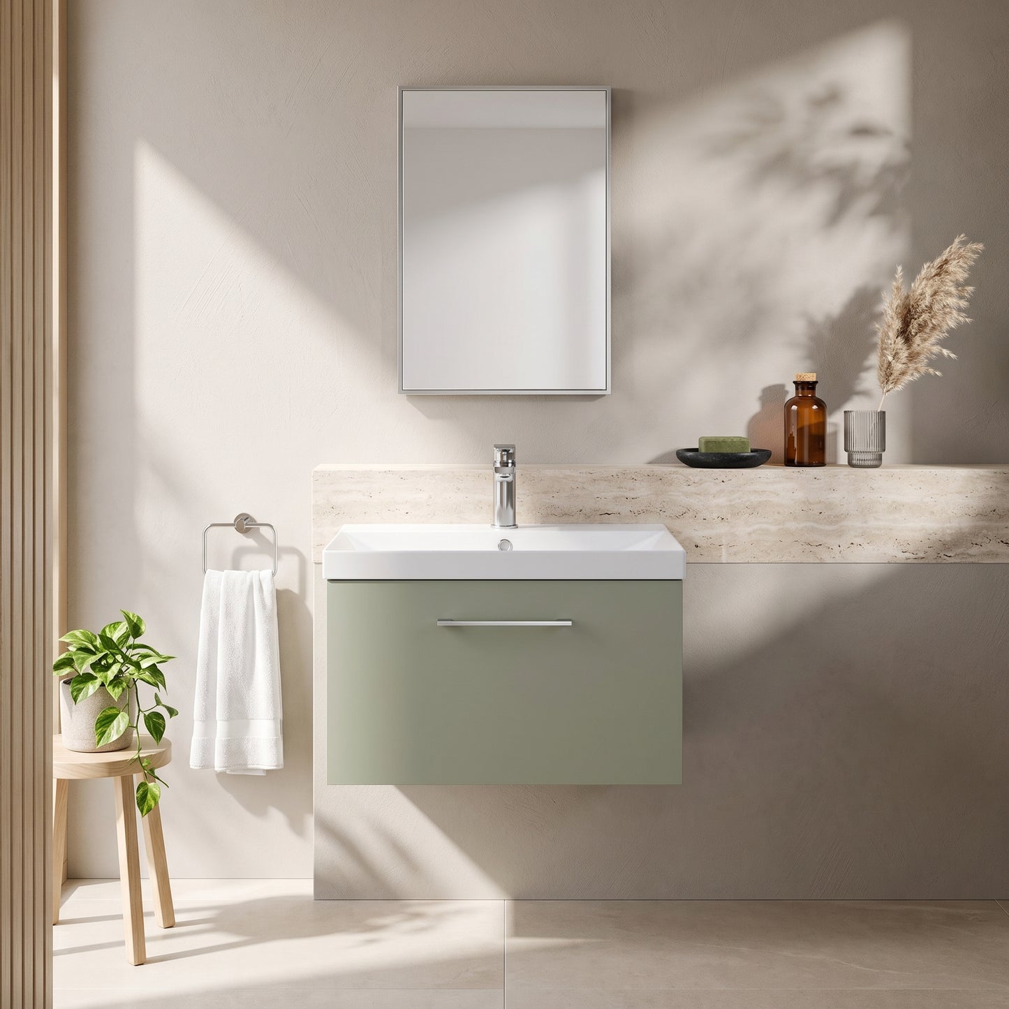 Fairford Aspri 600mm Satin Green Wall Hung Vanity Unit, Thin Rimmed 40mm Basin