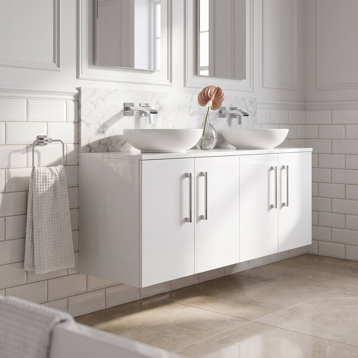 Fairford Aspri Gloss White 1200mm 4 Door Wall Hung Vanity Unit with Worktop