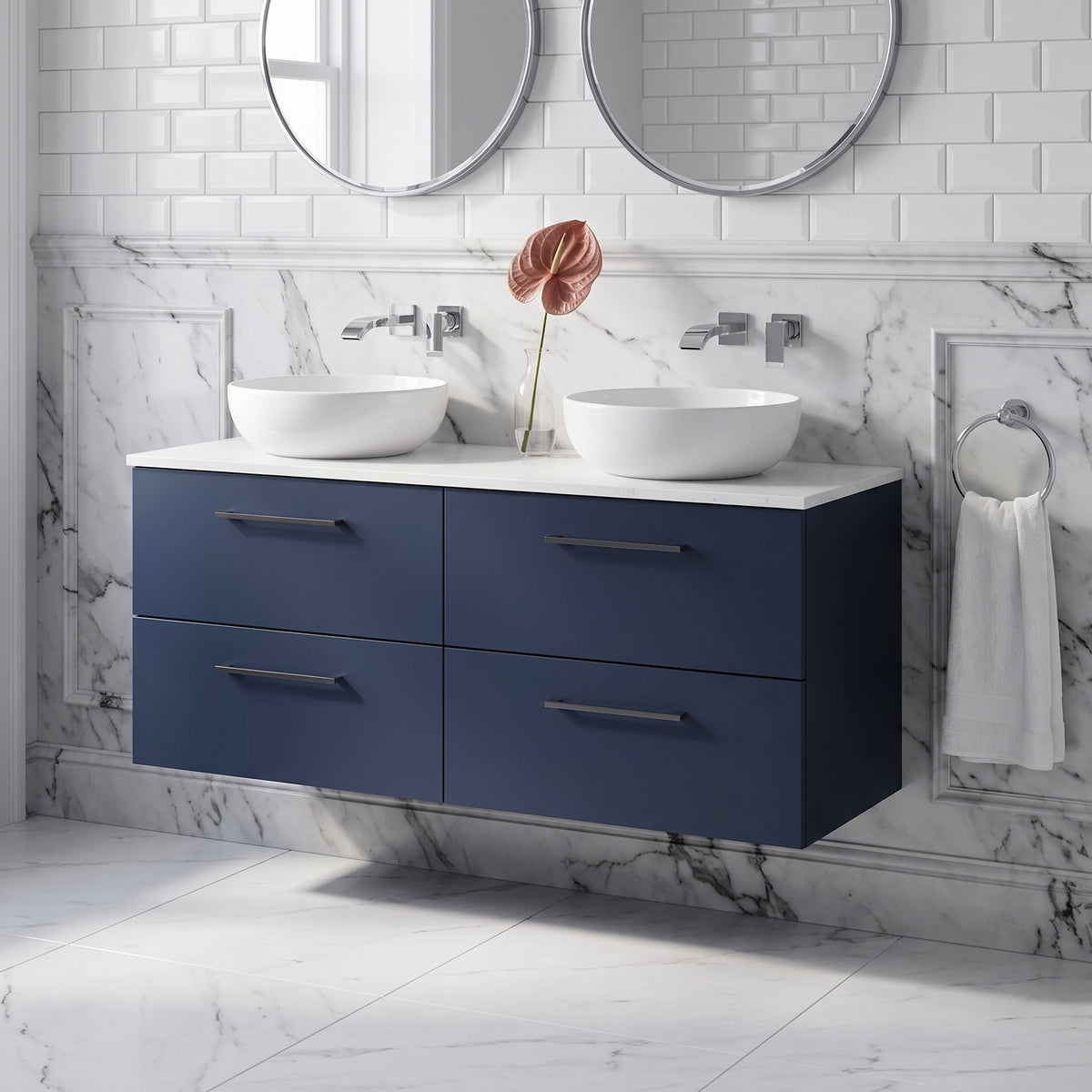Fairford Aspri Midnight Blue 1200mm 4 Drawer Wall Hung Vanity Unit with Worktop