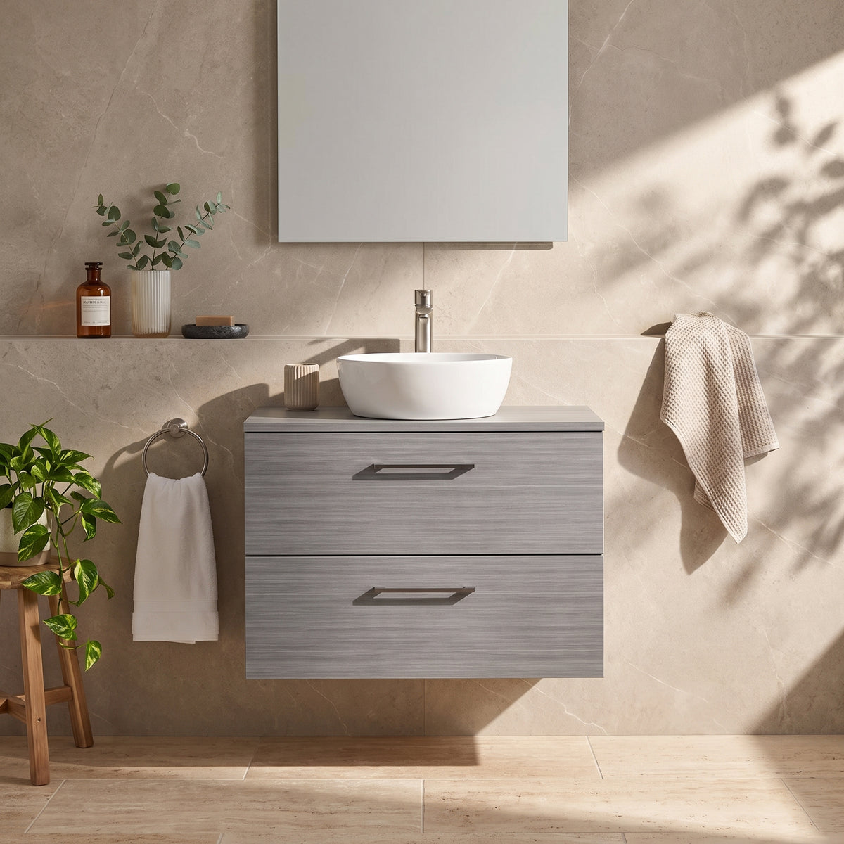 Fairford Aspri Grey Woodgrain 800mm 2 Drawer Wall Hung Vanity Unit with Worktop