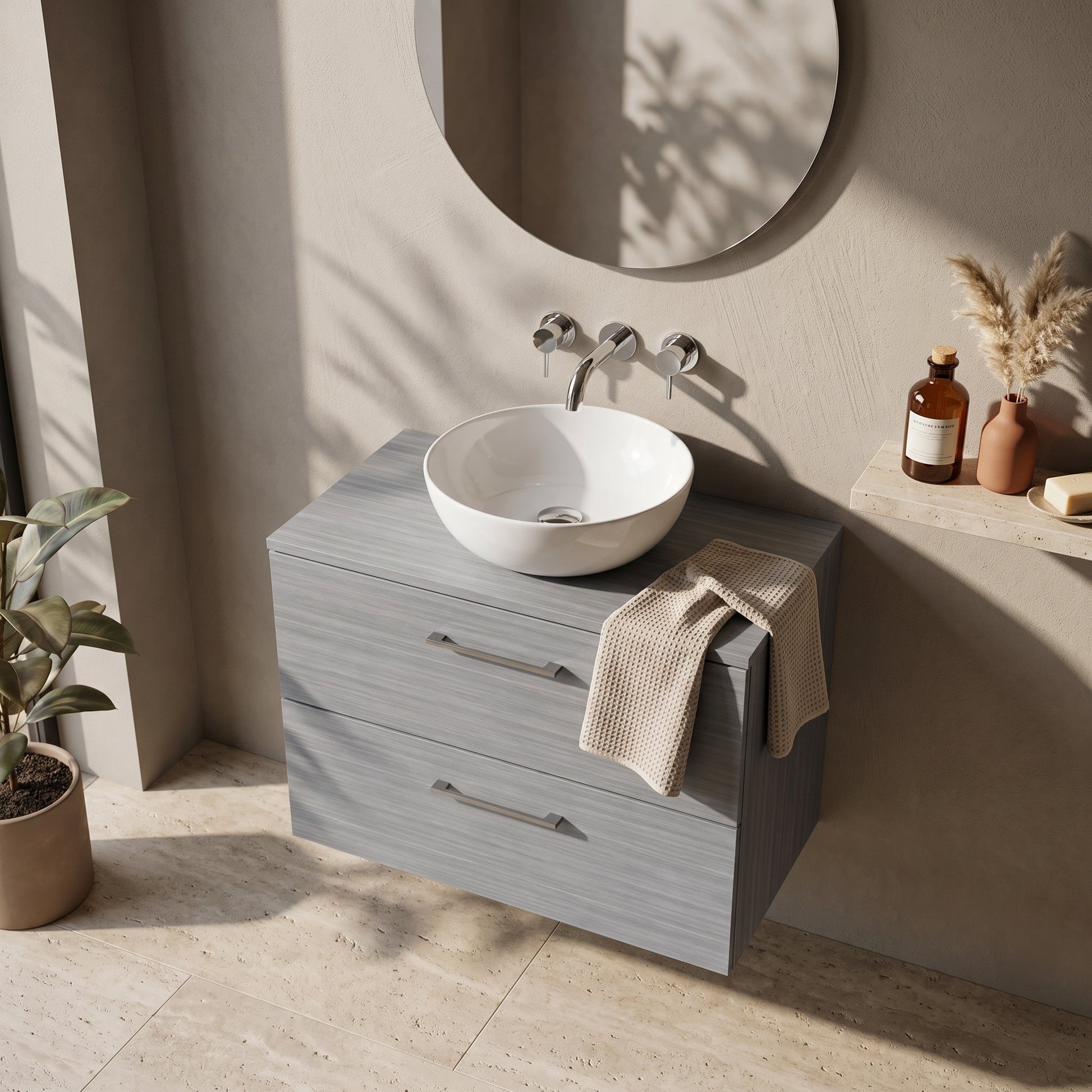 Fairford Aspri Grey Woodgrain 800mm 2 Drawer Wall Hung Vanity Unit with Worktop