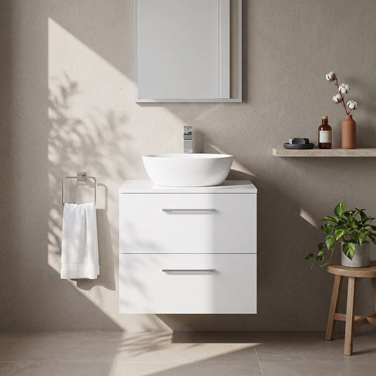 Fairford Aspri Gloss White 600mm 2 Drawer Wall Hung Vanity Unit with Worktop