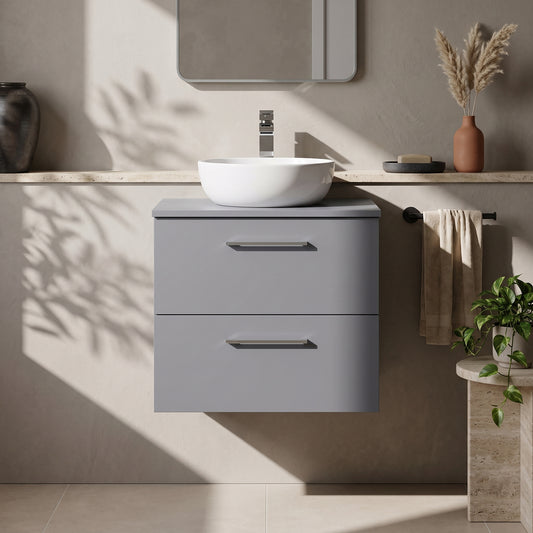 Fairford Aspri Satin Grey 600mm 2 Drawer Wall Hung Vanity Unit with Worktop