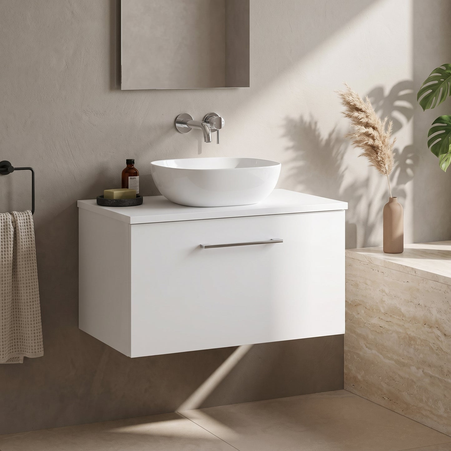 Fairford Aspri 600mm Gloss White Wall Hung Vanity Unit, MDF White Worktop
