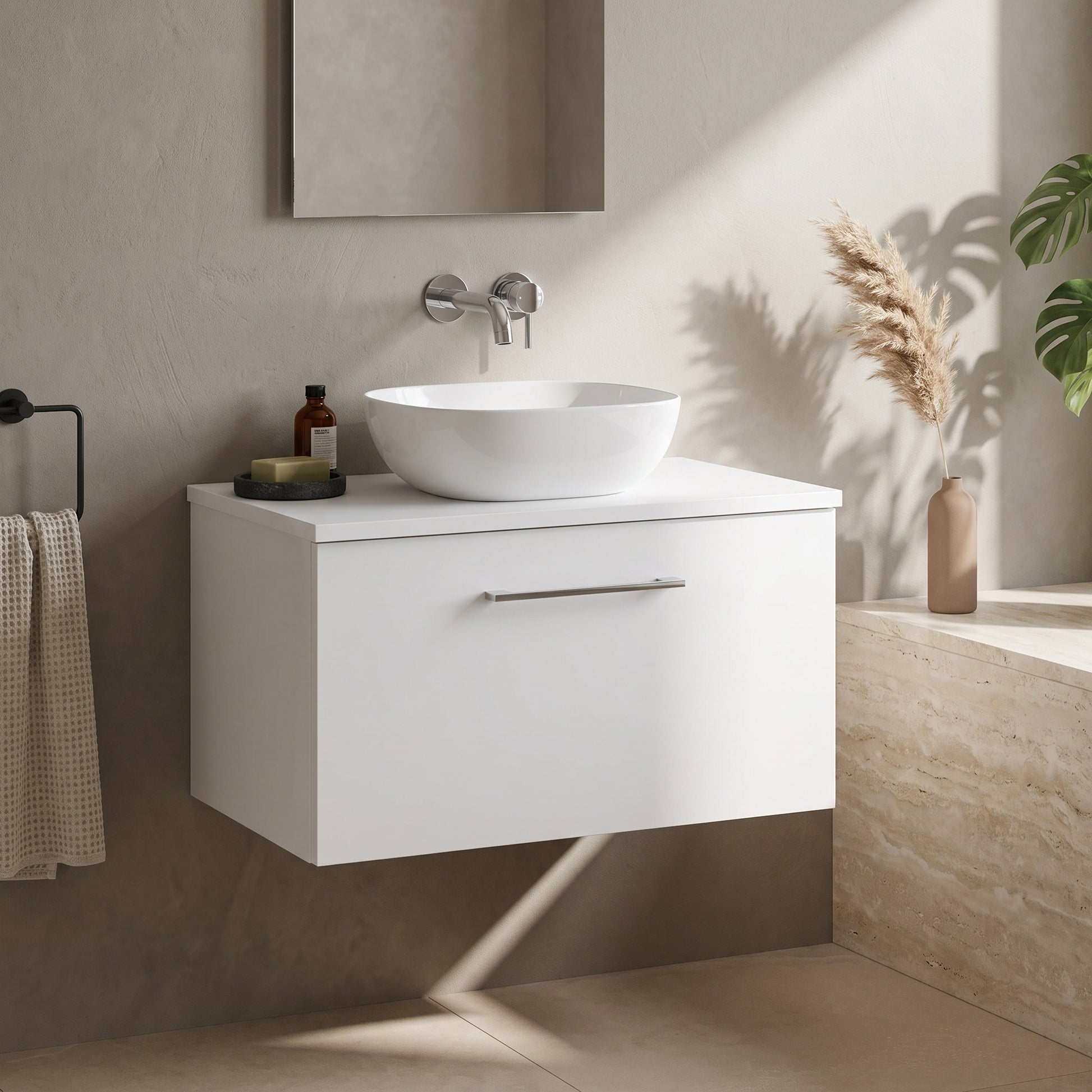 Fairford Aspri 600mm Gloss White Wall Hung Vanity Unit, MDF White Worktop