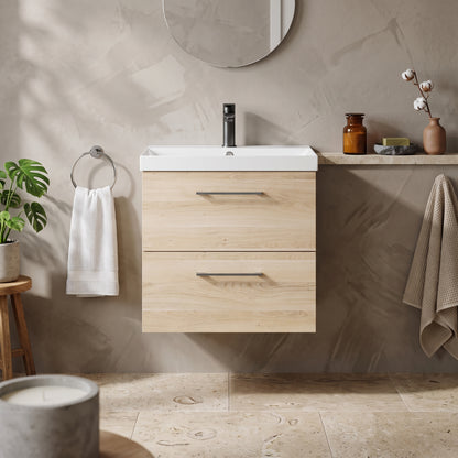 Fairford Aspri Bleached Oak 600mm 2 Drawer Wall Hung Vanity Unit