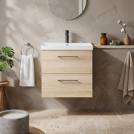 Fairford Aspri Bleached Oak 600mm 2 Drawer Wall Hung Vanity Unit
