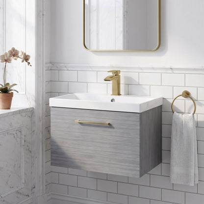Fairford Aspri Grey Woodgrain 600mm 1 Drawer Wall Hung Vanity Unit