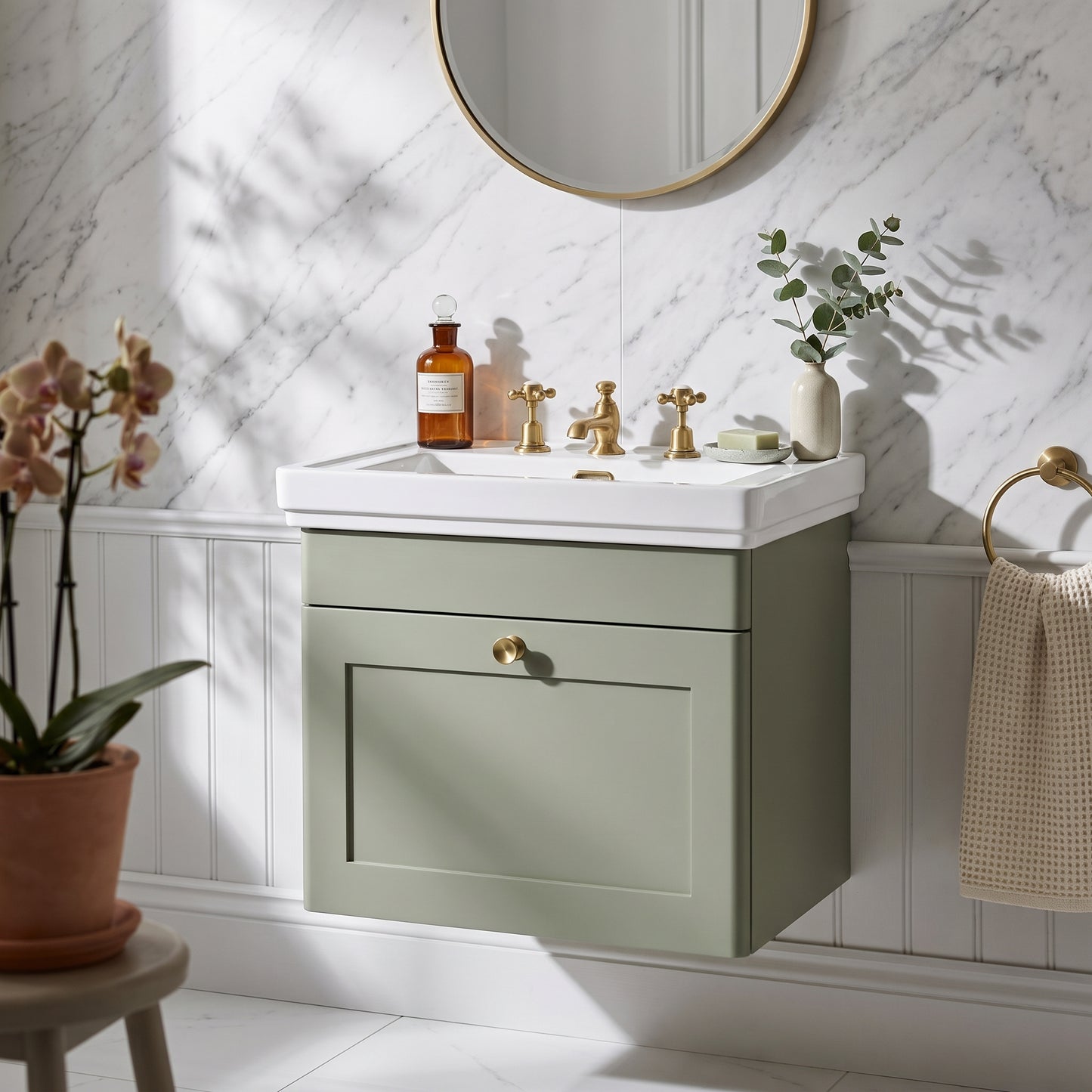 Fairford Laurel 500mm Wall Hung Satin Green Vanity Unit - 3 Tap Hole