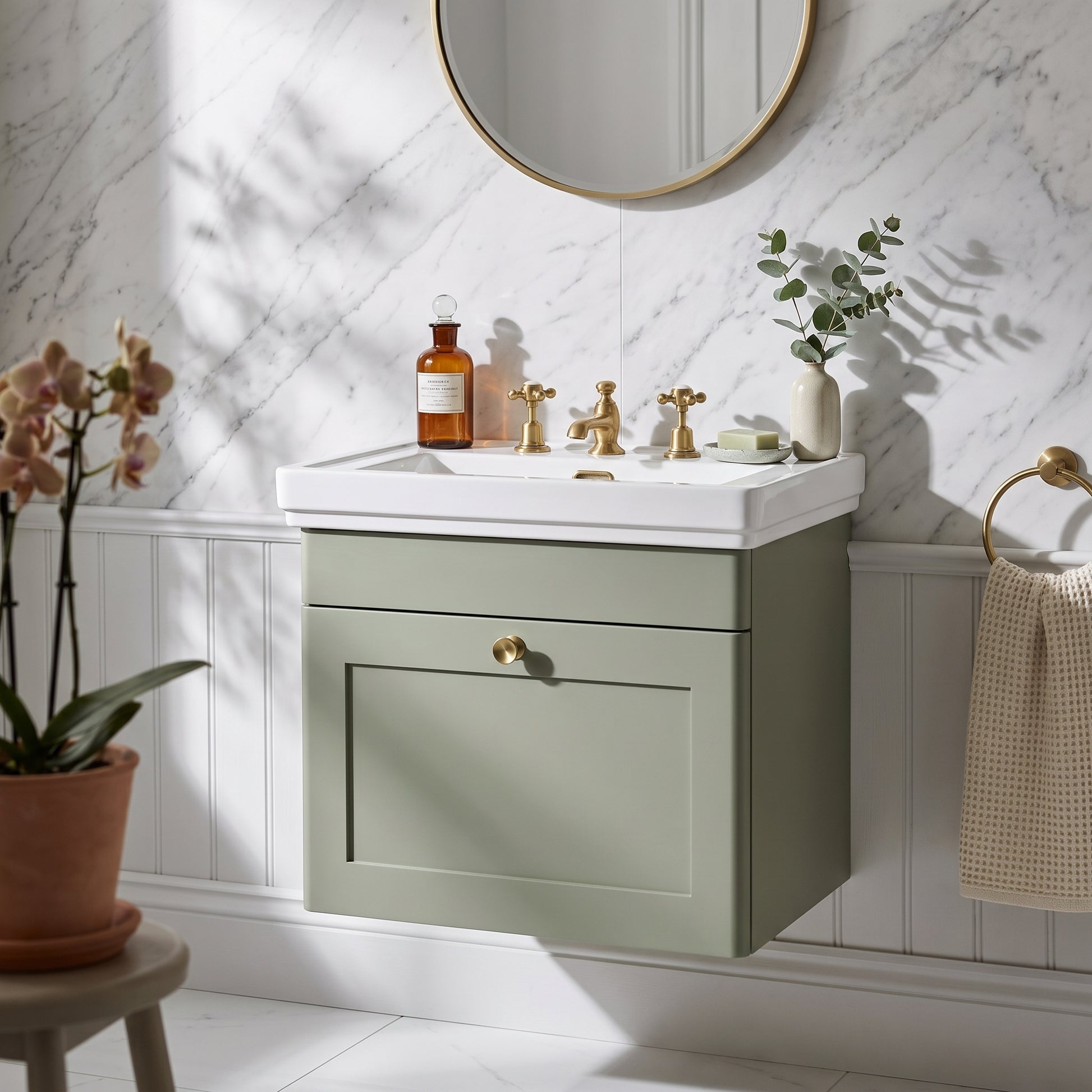 Fairford Laurel 500mm Wall Hung Satin Green Vanity Unit - 3 Tap Hole