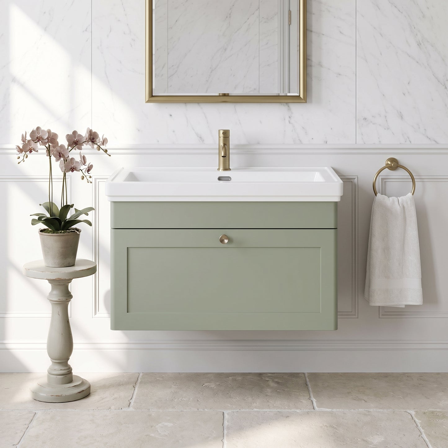 Fairford Laurel 800mm Wall Hung Satin Green Vanity Unit - 1 Tap Hole