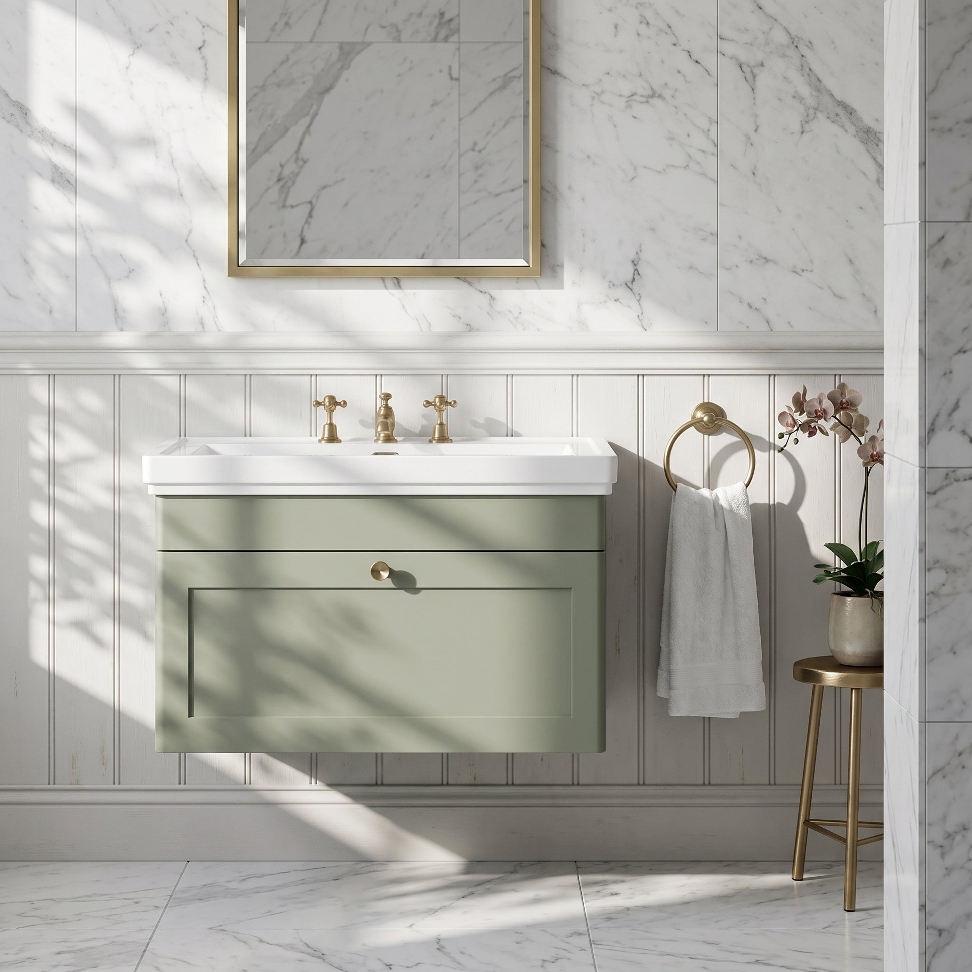 Fairford Laurel 800mm Wall Hung Satin Green Vanity Unit - 3 Tap Hole