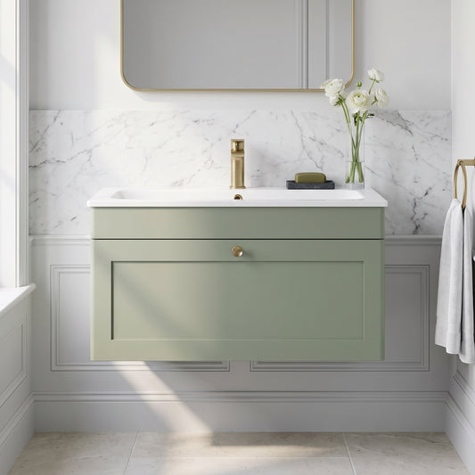 Fairford Laurel Satin Green 800mm 1 Drawer Wall Hung Vanity Unit with Stone Basin
