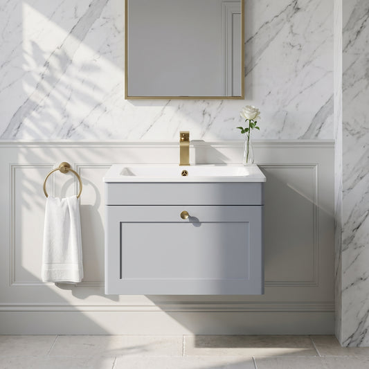 Fairford Laurel Satin Grey 600mm 1 Drawer Wall Hung Vanity Unit with Stone Basin