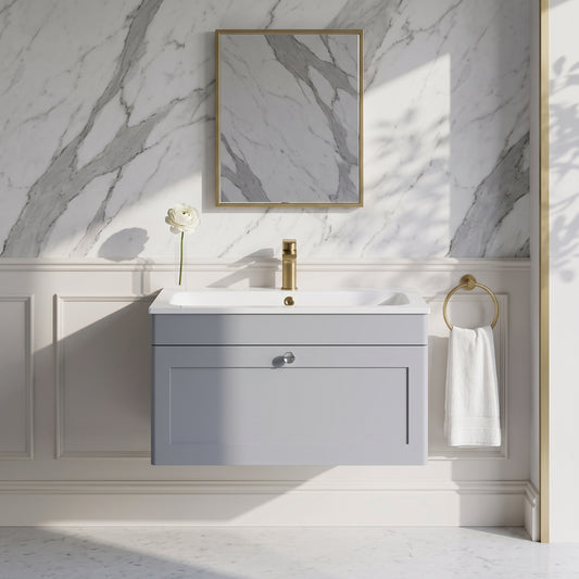 Fairford Laurel Satin Grey 800mm 1 Drawer Wall Hung Vanity Unit with Stone Basin