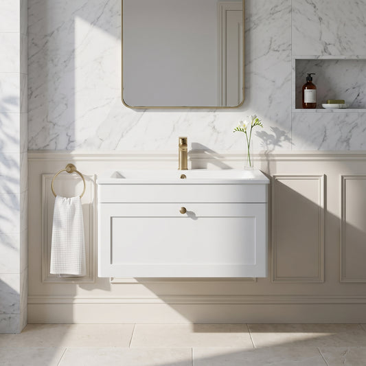 Fairford Laurel Satin White 800mm 1 Drawer Wall Hung Vanity Unit with Stone Basin