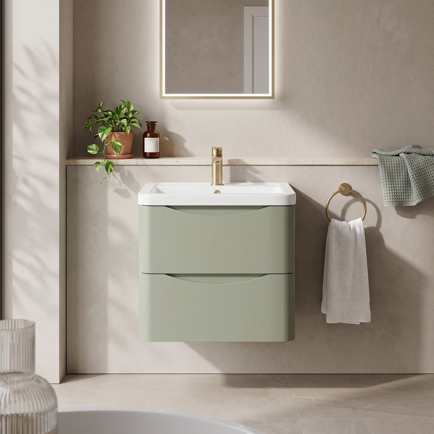 Fairford Eclipse 600mm 2 Drawer Satin Green Wall Hung Vanity Unit