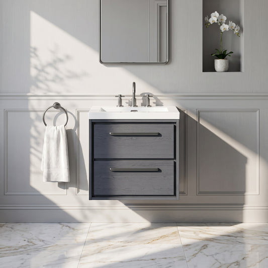 Fairford Tisse Graphite Grey Woodgrain 600mm 2 Drawer Wall Hung Vanity Unit with 3 Tap Hole Basin